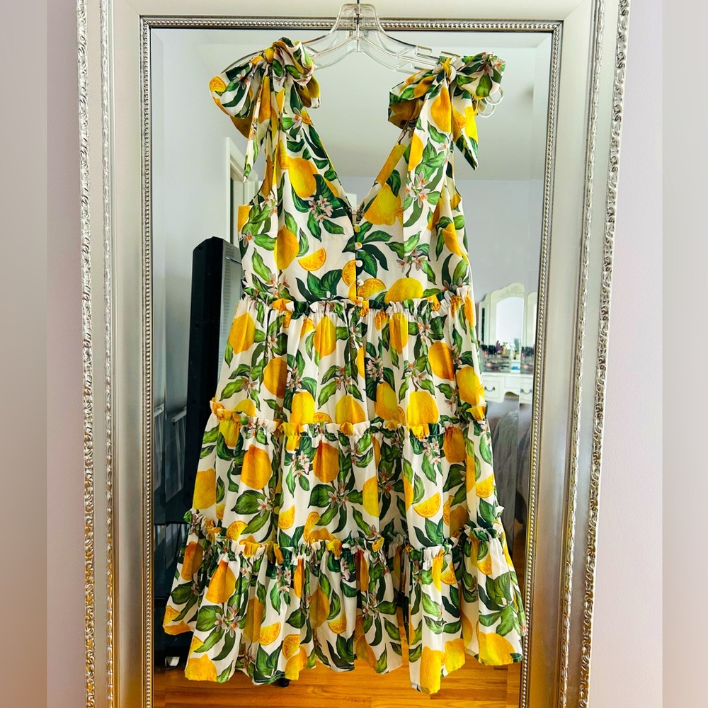 English Factory Lemon Print Tiered Tie Shoulder Sundress, XS
